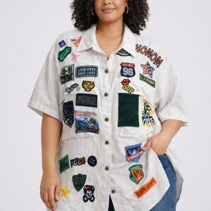 Womens White Embroidered Patch Button-Down Shirt